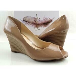 Women's Shoes Jessica Simpson Lorion Open Toe Wedge Pumps Nude Patent Size 10